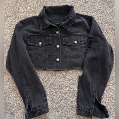 Brand New/ Never Used Black Cropped Outerwear For Fall, Black Long Sleeve Denim Jacket For Spring, Black Cropped Jacket With Pockets For Spring, Cheap Black Denim Outerwear, Black Long Sleeve Denim Jacket For Fall, Black Cropped Casual Outerwear, Trendy Black Cropped Outerwear, Casual Black Cropped Outerwear, Cheap Black Denim Jacket With Buttons