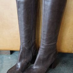 Size 9.5 3.5" Block Heel Zip Up Leather Boots In Dark Brown. Brown Leather Boots With 4-inch Heel, Brown Closed Toe Heeled Boots For Formal Occasions, Leather Heeled Boots With 4-inch Heel And Square Toe, Leather Heeled Boots With 4-inch Heel And Closed Toe, Leather Boots With 4-inch Heel And Square Toe, Formal Leather Boots With 4-inch Heel, Elegant Brown Heeled Boots With Closed Toe, Brown Leather Heeled Boots For Evening, Brown Block Heels