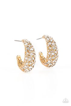 Featuring a beveled surface, a thick hammered gold hoop is haphazardly encrusted in round and square white rhinestones for a glamorously glittery finish. Earring attaches to a standard post fitting. Hoop measures approximately 3/4" in diameter. Sold as one pair of hoop earrings. Hammered Gold, Paparazzi Accessories, White Rhinestone, Paparazzi Jewelry, Hammered Silver, Brass Earrings, Pink Diamond, Gold Hoop, Silver Hoops