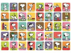 the peanuts characters are all in different colors and sizes, including one with a dog on it