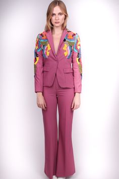 Any Old Iron Collage Suit Fitted Flare Pant Suit Unique hand embroidery Custom available Queer Wedding Attire, Unique Suits Women, Lesbian Suits, Dusty Rose Suit, Mal Outfits, Colourful Suit, Fun Suits, Enby Style, Colorful Suits