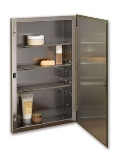 an open metal cabinet with shelves and containers on the bottom, in front of a white background