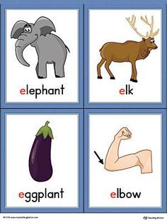 four different types of animals are shown on the cards with each letter and their corresponding words