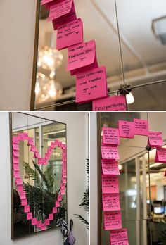 pink sticky notes attached to a mirror in an office