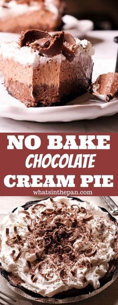 no bake chocolate cream pie on a plate with the words, no bake chocolate cream pie