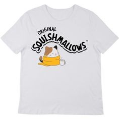 Cozy up with your favorite Squishmallows and this comfy tee. The shirt features an image of Cam the Cat wrapped in a blanket and sipping on a mug of hot cocoa while black letters above the character spell out the Original Squishmallows logo. The tee comes in a white short sleeve crew neck. Fans of the Squishmallows will love this comfy t-shirt. Cozy Cotton T-shirt For Loungewear, Cozy White Graphic Print T-shirt, Cozy Cotton T-shirt With Graphic Print, Comfy Cotton Tops With Graphic Print, Cozy Letter Print T-shirt For Loungewear, Casual Cartoon Print T-shirt For Loungewear, Cozy Relaxed Fit T-shirt With Graphic Print, White Cartoon Print T-shirt For Loungewear, Cozy T-shirt With Letter Print For Loungewear