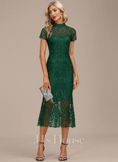 [US$ 254] Sheath/Column High Neck Illusion Tea-Length Lace Cocktail Dress Cocktail Dress Classy Evening, Fall Cocktail Dress, Cocktail Dresses With Sleeves, Cocktail Dress Classy, Green Cocktail Dress, Chiffon Cocktail Dress, Green Lace Dresses, Coctail Dresses, Wedding Guest Attire