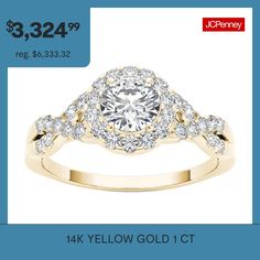 a yellow gold ring with three diamonds on it and the price is $ 3, 429