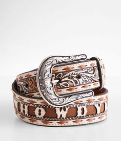 Angel Ranch Howdy Western Leather Belt - Brown X-Large, Women's Brown Embossed 1 1/2 belt Interchangeable metal buckle. Due to the nature of leather/suede, small variances of color in the skin may occur, this is in no way considered a defect. These are inherent characteristics of leather/suede and will enhance the individual look of your garment.. Genuine leather.. WOMEN'S BELT SIZE CONVERSION CHART Jean Size 23-24 25-26 27-28 29-30 31-32 Belt Size XS S M L XL Belt Length** 34 37 40 43 46 *Conve Cowgirl Belt Buckles, Country Belts, Western Leather Belt, Cowgirl Belts, Cowgirl Accessories, Cowboy Belt, Country Fashion Women, Western Style Outfits, Western Belt Buckles