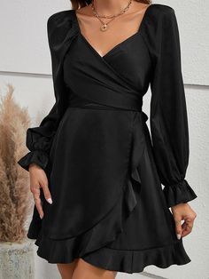 Features: Ruffled Sheer: Opaque Stretch: No stretch Body: Not lined Material composition: 100% polyester Care instructions: Machine wash cold. Tumble dry low. Imported Product measurements: S: bust 35.1 in, length 34.3 in, sleeve length 26.1 in M: bust 36.7 in, length 34.7 in, sleeve length 26.6 in L: bust 39 in, length 35.3 in, sleeve length 27.2 in XL: bust 41.3 in, length 35.9 in, sleeve length 27.8 in Winter Wedding Guest Attire, Wedding Guest Dresses Fall, Ruffled Mini Dress, Cheap Party Dresses, Party Dresses Online, Black Sheath Dress, Ruffle Mini Dress, Womens Black Dress, Flounce Sleeve