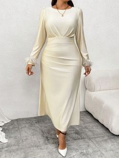 Elegant Pleated Design Round Neck Long Sleeve Plus Size Women Party Dress Champagne Elegant  Long Sleeve Fabric Plain Fitted Medium Stretch  Women Plus Clothing, size features are:Bust: ,Length: ,Sleeve Length: Punk Street Style, Women Party Dress, Dress Champagne, 파티 드레스, Cowl Neck Long Sleeve, Plus Size Vintage, Women Party, Wide Leg Denim, Inspiration Mode