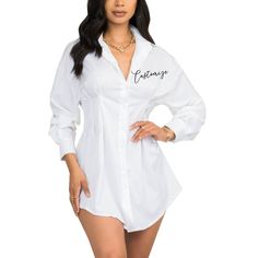 Customize this white shirt dress! You can customize the front or the back of the shirt. 1. Pick font type 2. Pick font color 3. Choose what you want it to say and placement: front or back **LIST ALL THE ABOVE IN THE PERSONALIZATION BOX!! Button Up Shirt Dress, White Button Up Shirt, Dress Business, Button Down Shirt Dress, White Button Up, Font Types, White Shirt Dress, Cinched Waist, Dress Clothes For Women