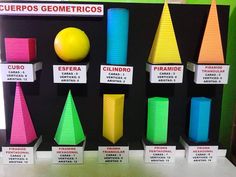 a display with different colored shapes and sizes