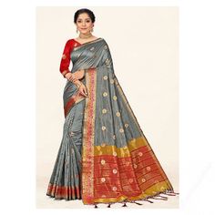 Elegance and charm is what you will exude once you get this grey silk saree which exudes feminine charm. This sweetheart neckline and 3/4th sleeve blouse is weaved with thread and zari work. It is matched with a silk broad border saree in grey color weaved with thread and zari work. This blouse can be customized up to the maximum size available in inches 44 around the bust. Slight color variation may occur due to photographic reasons. Silk Weaving, Designer Sarees Online, Art Silk Sarees, Trendy Sarees, Festive Wear, Work Sarees