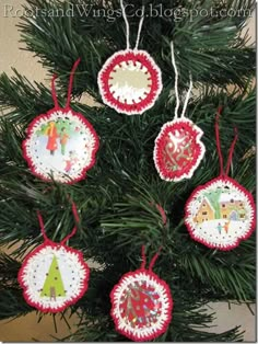 christmas ornament ornaments hanging from a tree with red and white crochet