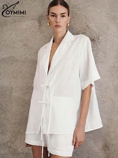 Oymimi Elegant White Cotton Women 2 Piece Set Outfit Fashion Lapel Short Sleeve Lace-Up Shirts And Italian Summer Outfits, Laced Up Shirt, Wrap Shirt, Elastic Waist Pants, Set Outfit, Event Dresses, Pure Linen, White Linen, Kiwi