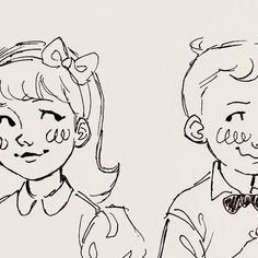 a drawing of two children with their faces drawn in black and white, one girl has her eyes closed while the other is wearing a bow tie