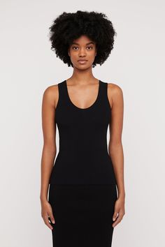 CREPE KNIT SINGLET - BLACK Black Sleeveless Knit Top, Black Ribbed Sleeveless Knit Top, Black Fine Knit Sleeveless Top, Black 4-way Stretch Sleeveless Top, Scanlan Theodore, Black Cotton Moisture-wicking Tank Top, Silk T Shirt, Leather Denim, Body Dress