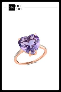 This Romantic Rose Gold Ring Features A Heart-Shaped Pink Amethyst Set Atop. It Has Diamonds On The Sides And Is Perfect To Add Sparkle To Your Look. Pink Amethyst, 5.80 Tcw Diamond, 0.09 Tcw Diamond Color: Hi Diamond Clarity: I1 - I2 14k Rose Gold Made In Usa Size Width, About 0.5" Please Note: This Ring Can Be Resized Up To 1.5 Sizes, Larger Or Smaller. Warranty And Resizing Services Are Provided Exclusively By Effy,. Center Core - Jewelry Trunk > Saks Off 5th. Effy. Size: 7. Luxury Formal Heart Ring With Gemstone, Luxury Heart Ring With Gemstone For Formal Occasions, Luxury Gemstone Heart Ring For Formal Occasions, Elegant Heart-shaped Amethyst Ring With Accent Stones, Elegant Purple Heart Ring For Anniversary, Luxury Heart Ring With Gemstone, Elegant Amethyst Heart Promise Ring, Heart-shaped Amethyst Ring With Accent Stones, Elegant Heart-shaped Amethyst Ring