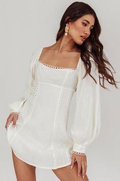 Shop the Chamberlain Balloon Sleeves Mini Dress White | Selfie Leslie White Fall Dresses Long Sleeve, Champagne Mini Dress Tulesleeves, Long Sleeve Mini Dress White, White Mini Dress Long Sleeve, Long Sleeve White Dress Short, Long Sleeve White Mini Dress, Engagement Board, Holiday Fits, Pink Dress Shoes