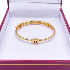 22ct Yellow Gold Smiling Star Design Children's Flexible Bangle/ Bracelet Metal : 22K Gold 916 Gold Weight : 5.7gm Bangle Diameter : Inside 41mm Bangle Circumference : 13 cm (around the wrist) Bangle Thickness : 2.0mm Packaging : Elegant Gift Box Shipping Free in UK Shipping World Wide : See Policy Returns Policy : 14 Days Hassle Free Returns for 100% Refund To try this item Or View More from our collections Please Visit Our Showroom at North west London Occasion:Anniversary Metal:Yellow Gold Main Stone:Zircon Colour:Yellow Style:Bangle Base Metal:Yellow Gold, 22Carat Features:Adjustable Charm Type:Slide Brand:Raina London Type:Bracelet Metal Purity:22ct Country/Region of Manufacture:Unknown Baby Gold Bangles Design, Baby Bangles Design, Baby Kada Gold, Baby Gold Bangles, Kids Designer Outfits, Unique Gold Jewelry, Unique Gold Jewelry Designs