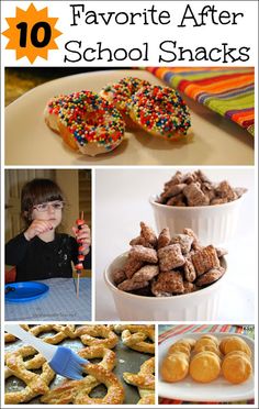 the collage shows different types of snacks and desserts, including donuts with sprinkles