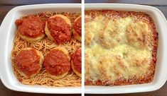 two pictures side by side, one with spaghetti and the other with sauce in it