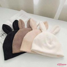 Qteee - Adorable Cartoon Rabbit Ears Knit Hat Casual One Size Acrylic Bonnet, Casual Beige Acrylic Hat, Soft Casual Bonnet One Size, Casual Soft Bonnet, One Size Fits Most, Casual Soft Bonnet One Size Fits Most, Casual One Size Hats With Ears, Cute Warm Hats One Size, Cute Soft Winter Hats, Cute Soft Winter Bonnet