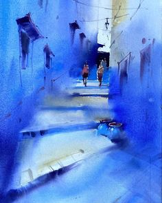 watercolor painting of people walking down an alleyway with blue walls and white steps