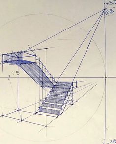 a drawing of a stair case in blue ink