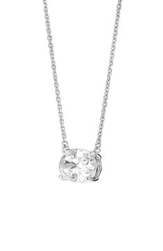 A lab-grown-diamond in an emerald cut twinkles at the heart of an elegant everyday necklace strung on a delicate 14-karat-gold chain. 16" length; 2" extender; 1/8"W x 1/4"L pendant   Total lab-grown-diamond weight: 1ct.   Color: G   Clarity: VS+   14k gold/lab-grown diamond   Imported   >Diamond Guide Oval Solitaire Necklace Gift, White Gold Solitaire Necklace With Oval Pendant For Gift, Oval Solitaire Necklace With Single Diamond As Gift, Oval Solitaire Necklace With Single Diamond, Dazzling Oval Solitaire Necklace Gift, Oval Diamond White Solitaire Necklace As Gift, Oval Brilliant Cut Solitaire Necklace As Gift, Gift Oval Solitaire Necklace With Diamond Cut, Oval Diamond Cut Solitaire Necklace For Gifts