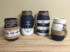 mason jars with rope and anchors painted on them