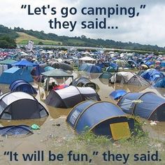 there are many tents in the field with a quote on it that says, let's go camping they said