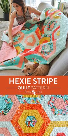 a woman sitting on a couch next to a quilted blanket with the words hexie strip