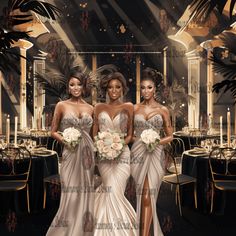 three beautiful women standing next to each other in front of a table with candles and flowers