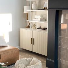 a dog bed in front of a fireplace with bookshelves on the mantle and shelves above it