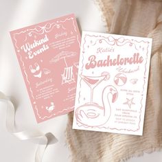 a pink and white wedding card with an image of a flamingo holding a cocktail glass