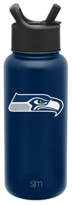 the seattle football logo is shown on a blue water bottle with a black lid and handle