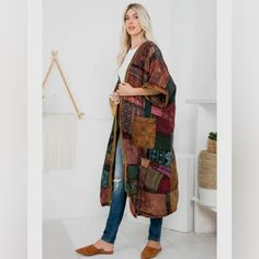 Patchwork Long Short Sleeve Jacket One Size Fits Most Assorted Patchwork Short Sleeves Long Jacket Made In Thailand Care Instructions: Machine Wash Fabric: 100% Cotton Only Purple Brown Casual Patchwork Kimono For Fall, Oversized Patchwork Outerwear For Fall, Oversized Multicolor Patchwork Outerwear, Multicolor Long Coat With Patchwork, Brown Patchwork Outerwear For Layering, One Size Patchwork Outerwear For Fall, Winter Patchwork Outerwear One Size Fits All, Fall Patchwork Outerwear For Layering, Bohemian Outerwear With Pockets For Layering