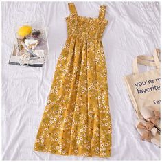 Material: Polyester Size Bust (cm) Bust (in) Length (cm) Length (in) ONE SIZE 56 22.05 105 41.34 Casual Printed Beach Dress For Brunch, Summer Yellow Cotton Maxi Dress, Casual Printed Midi Sundress, Casual Yellow Summer Dress, Casual Yellow Printed Sundress, Spring Casual Fitted Beach Dress, Yellow Floral Print Midi Dress For Beach Season, Casual Midi Sundress For Beach Season, Casual Midi Length Sundress For Beach Season