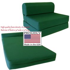 two green couches with american flag stickers on the bottom and bottom, both facing each other