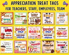 the appreciation treat tags for teachers, staff employees, and team members are on display