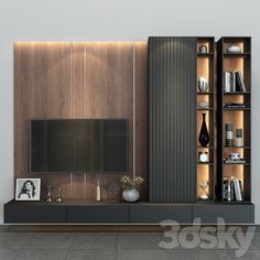 modern living room with entertainment center and built in bookshelves on the side wall