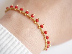 "This Colorfull Boho Rosary Chain bracelet is made with Gold Plated chain adorned with Red Cristal Glass beads. ➵ Perfect to wear alone or for layering with more bracelets. ➵ Bracelet length is ajustable thanks to 5 cm (2 in) extender chain. --*--*--*--*--*--*--*--*--*--*--*--*--*--*--*--*--*--*-- ∞ SIZE ∞ - length: Adjustable bracelet - around 15 cm (5.9 in) - 20 cm (7.9 in). If you like another length please make a note when you \"check out\" (I can make it for children) . ∞ MATERIAL ∞ - Gold Red Beaded Bracelets With Tiny Beads For Party, Red Beaded Bracelet With Tiny Beads For Parties, Red Tiny Beaded Bracelets For Party, Red Faceted Beads Bracelet, Traditional Red Faceted Beads Bracelet, Dainty Red Beaded Bracelets With Tiny Beads, Handmade Red Chain Bracelet As Gift, Handmade Red Chain Bracelet Gift, Handmade Red Chain Bracelet For Gift