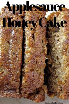 there are three pieces of cake on top of each other with the words, appleauce honey cake