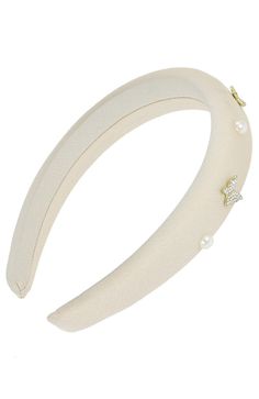 Elevate your style with the Alexis Headband by L. Erickson, a blend of elegance and charm. This beige padded headband features feminine embellishments, including butterflies, sparkling crystals, and lustrous faux pearls. Its wide 1" band ensures a comfortable fit while adding a touch of sophistication to any outfit. Perfect for special occasions or everyday wear, the Alexis Headband seamlessly combines comfort with glamour, making it a versatile accessory for various hairstyles. Embrace timeless Luxury White Headband For Party, Bridal Workout, Beige Headband, Crystal Butterflies, Hair Accessories Ponytail, Padded Headband, Claw Hair Clips, Eyeglass Chain, Easy Hair