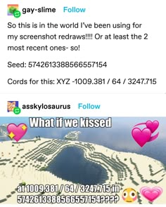 two screenshots with the same text on them, and one has hearts in it