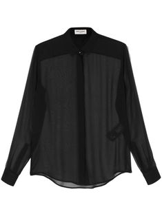 black silk semi-sheer construction classic collar concealed front button fastening long sleeves with buttoned cuffs rear curved hem We've partnered with Good On You — an independent agency that rates how brands perform in relation to their impact on the planet, people and animals, with a multi-criteria rating simplified to a five points scale. In order to be awarded our conscious label, larger brands need to score a minimum of four out of five ('Good'), while smaller brands must score at least t Saint Laurent Shirt, Double Collar, All Black Outfit, Van Cleef Arpels, Chiffon Shirt, Yohji Yamamoto, Long Shirt, Lady Dior, Silk Shirt