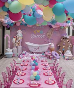 a pink and blue party with balloons on the ceiling, table set up for an ice cream parlor