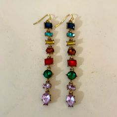 Sparkling! Multicolored Crystal Stones Goldtone Setting Rainbow Metal Earrings With Ear Wire, Elegant Multicolor Dangle Crystal Earrings, Rainbow Metal Earrings, Elegant Multicolor Nickel-free Crystal Earrings, Multicolor Metal Dangle Crystal Earrings, Rainbow Dangle Metal Earrings, Rainbow Metal Drop Earrings, Rainbow Drop Earrings For Party, Multicolor Metal Jewelry With Ear Wire